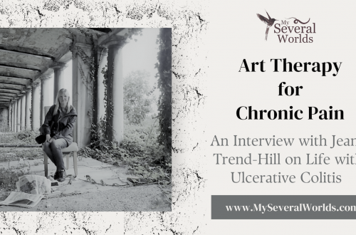 A black and white image featuring a woman with pale hair sitting on a stool amongst column architecture. The text on the image says Art Therapy for Chronic Pain - An Interview with Jeane Hill-Trend